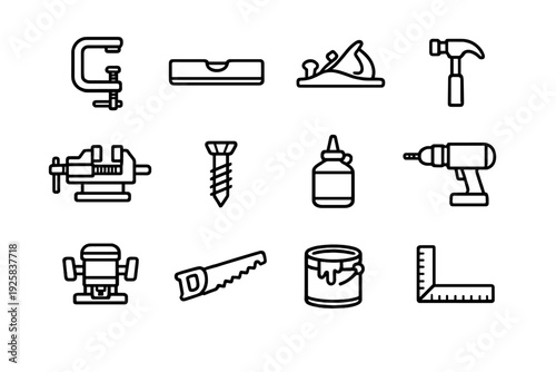 Woodworking and carpentry hand tools and power equipment line icon set for construction and home improvement projects
