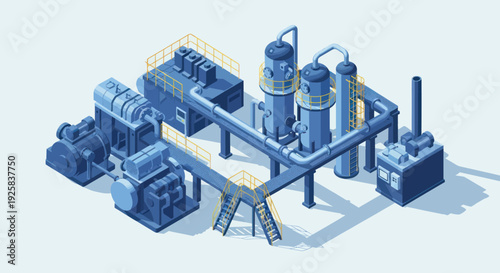 Industrial plant with complex machinery and piping systems.