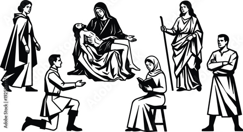 Woodcut style pieta with virgin mary holding jesus christ surrounded by kneeling and standing biblical figures in solemn composition dramatic