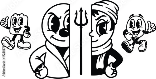 Vintage rubber hose cartoon split two mascot faces separated by trident with walking square and circle characters