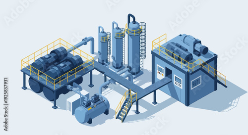Industrial Production Plant with Processing Equipment and Raw Materials.