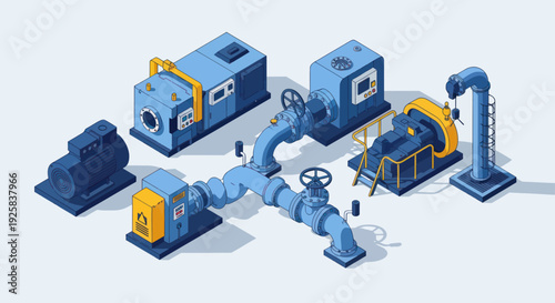 Industrial pumps and piping system isometric illustration.