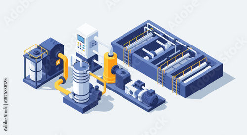 Industrial Water Treatment Plant Equipment Isometric Illustration.