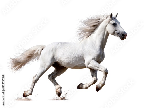 Beautiful white horse galloping isolated on white background