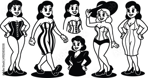 Retro cartoon 1950s pinup vector group showing five smiling curvy women in vintage corsets hats and dresses standing and walking