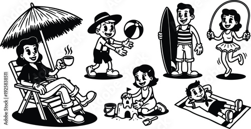 Retro cartoon fifties beach scene vector art mother relaxing with coffee children building sandcastle playing ball surfing and smiling sunbathing