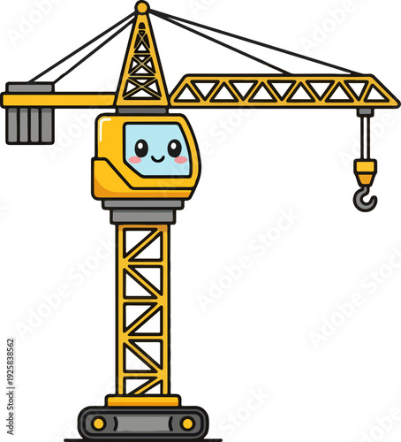 A massive yellow steel construction crane towers high against a blue sky, lifting heavy industrial equipment at a development site to build a modern metal architecture structure