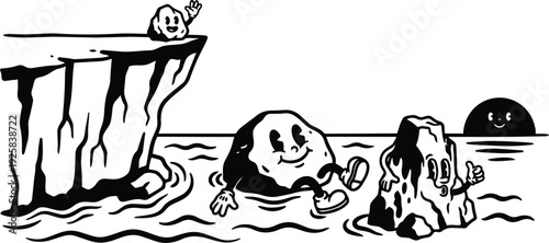 Retro cartoon 90s smiling rock characters floating near cliff and tide with waving sun in black and white line art