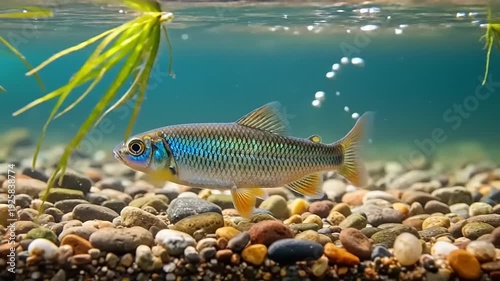 Underwater Fish Swimming Near Pebbles and Plants.