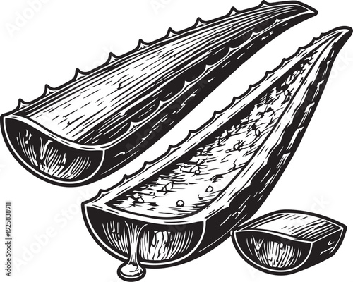 Aloe vera leaf cut section with gel botanical engraving illustration for cosmetic herbal packaging label design