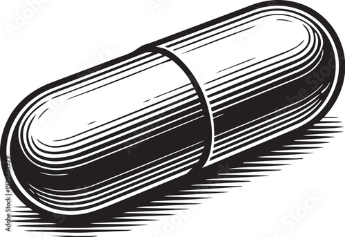 Capsule supplement pill detailed single object engraving illustration for pharmaceutical herbal packaging label design