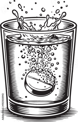 Effervescent tablet dissolving in water glass splash detailed engraving illustration for vitamin supplement packaging label design