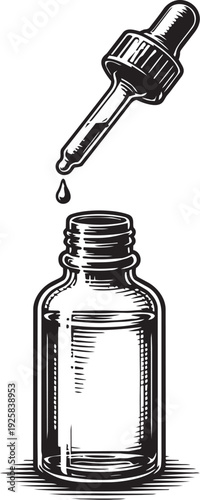 Glass dropper bottle with pipette drop detailed engraving illustration for essential oil supplement packaging label design