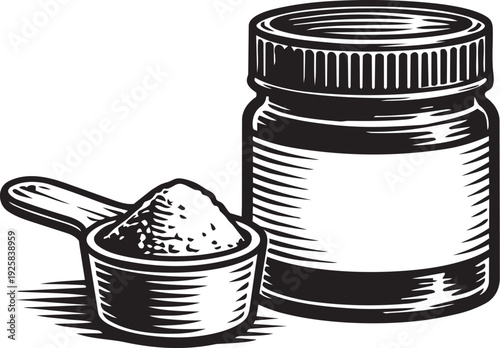 Supplement jar with powder scoop composition retro engraving style for nutrition packaging design