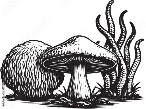 Medicinal mushroom composition with cordyceps and lion mane retro engraving style for supplement packaging design