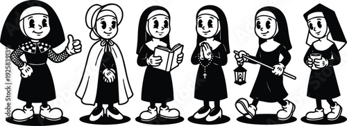 Vintage cartoon style lineup of six cheerful nuns in different poses reading praying walking holding lantern offering cup and smiling