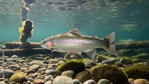 Underwater Salmon Swimming Near Rocky Riverbed.