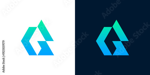 Abstract geometric logo with gradient blue and green colors forming a stylized arrow or 'A' shape on white and dark backgrounds