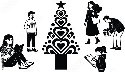 Flat design heart shaped christmas tree with woman smiling reading man holding gift girl writing boy holding coffee walking casual