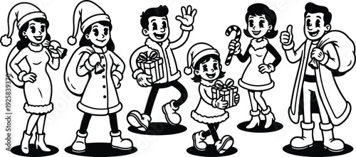 Retro cartoon fifties style cheerful family in santa outfits carrying gifts and candy cane walking in line smiling at viewer
