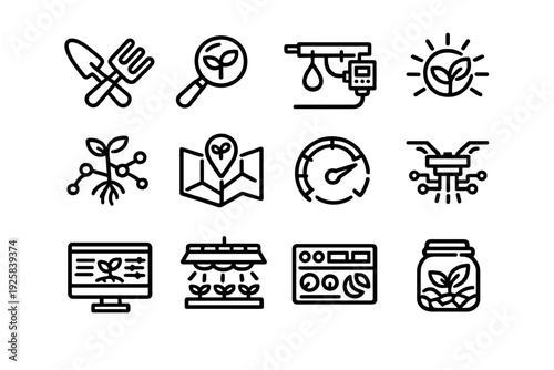 Smart agriculture and modern farming technology icons set featuring automated irrigation drone and plant monitoring systems for sustainable