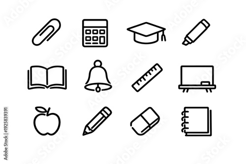 Collection of school and education icons including calculator graduation cap book bell ruler chalkboard pencil eraser and notebook