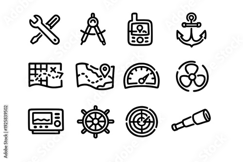 Nautical and maritime navigation icons set featuring anchor ship wheel telescope map and tools for marine travel and ocean exploration