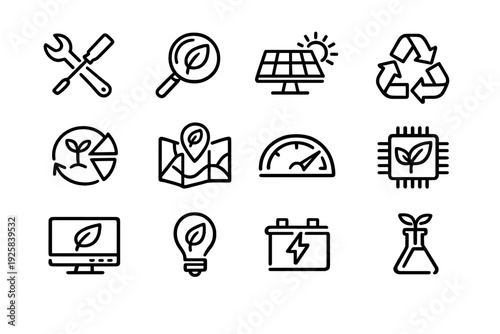 Green energy and sustainability line icon set featuring solar panels recycling symbols and eco friendly technology concepts for