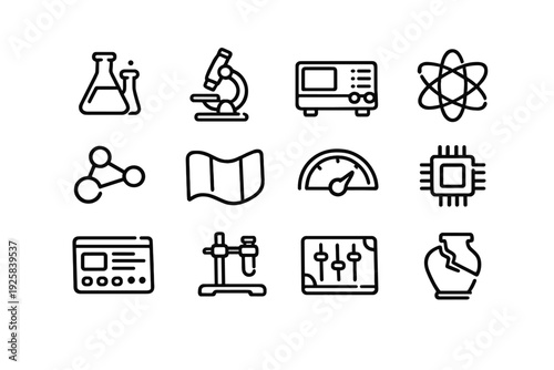 Science and technology line icon set featuring microscope atom flask microchip and laboratory equipment for research and education