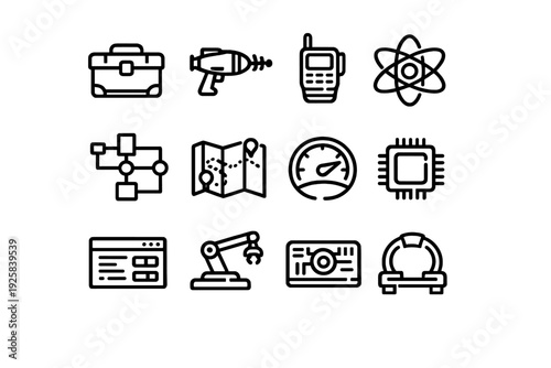 Set of technology and science line icons including atom map microchip robotic arm and communication tools for interface design