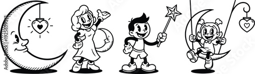 Retro cartoon style smiling moon and children characters boy with wand girl waving and toddler swinging on crescent moon vintage