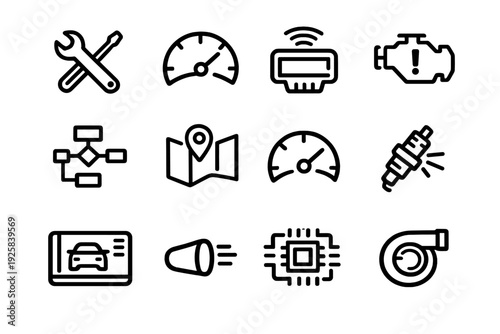 Automotive diagnostic and car repair service icons set featuring engine check tools speedometer and navigation symbols on white background