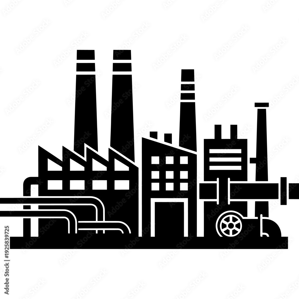Obraz premium Industrial Factory Building with Smokestacks and Pipes.