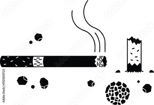 Flat design close up smoked cigarette with loose tobacco crumbs broken filter low angle simple black white icon minimalist vector