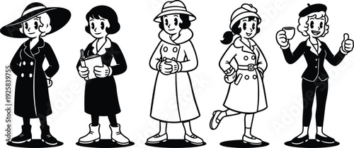 Retro cartoon 1940s women lineup wearing coats hats holding book cup giving thumbs up standing in profile and front poses