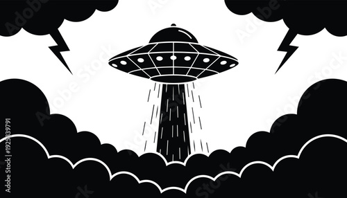 Flat design low angle black and white flying saucer ufo hovering and beaming light above storm clouds with lightning dramatic