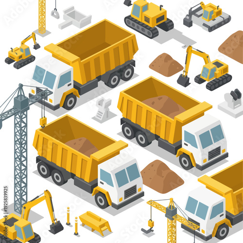 Isometric Construction Site with Dump Trucks and Excavators.