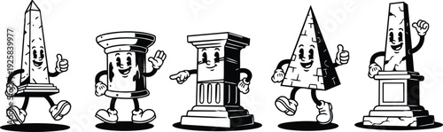 Retro cartoon 90s smiling architectural column and obelisk mascots walking and pointing in playful lineup with vintage ink shading style