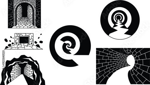 Line art tunnel icons set with maze spiral archway cave portal perspective black and white vector composition high contrast bold