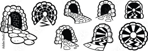Line art stone tunnel and archway set with cobblestone paths various openings close up vector icons hand drawn black white