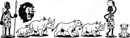 Line art side view tribal people with spear water carrier and parade of rhinos lion and cubs on white background