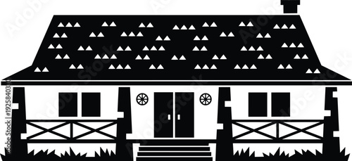 Flat silhouette front view cottage with shingled roof porch steps centered double door decorative round window black minimalist vector icon