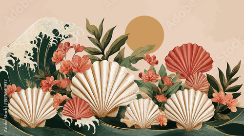 Illustration of a wave, shells, flowers, leaves, and sun against a soft neutral background