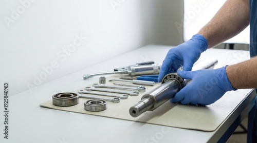A mechanic in blue gloves inspects a metal shaft and bearings on a workbench with various wrenches and tools laid out for repair.