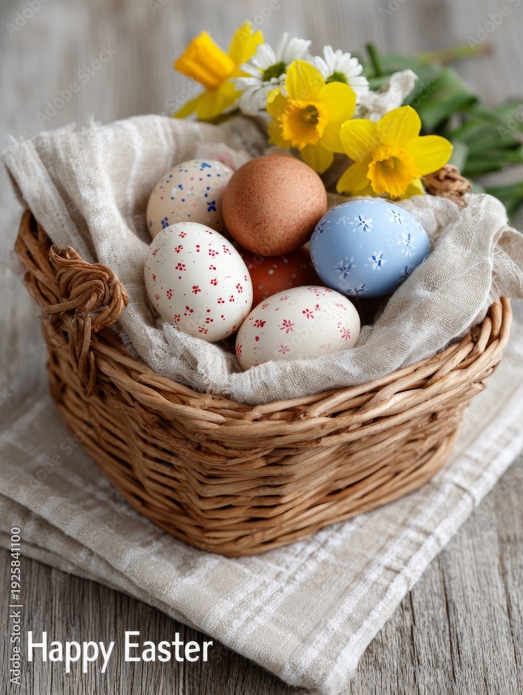 Fototapeta premium Easter eggs in wicker basket with spring flowers on wooden table