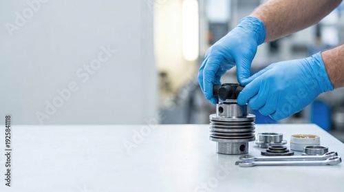 A technician in blue gloves assembles a complex metal mechanical part on a white table with tools laid out in a workshop.