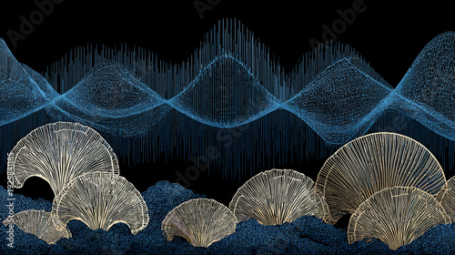 Abstract digital illustration with wave-like formations in blue, fan shapes in gold, and swirling patterns