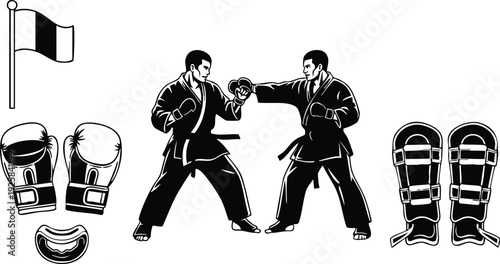 Line art close up two karate practitioners sparring in gi exchanging punch with gloves shin guards mouthguard and training flag