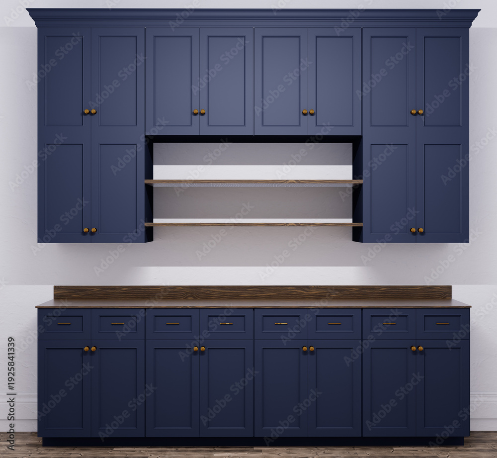 Fototapeta premium Modern Navy Blue Shaker Kitchen Cabinets with Marble Countertop and Wood Shelving, 3D Render