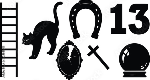 Flat design superstition icon set with black cat arched posture cracked mirror crystal ball ladder horseshoe number thirteen silhouette